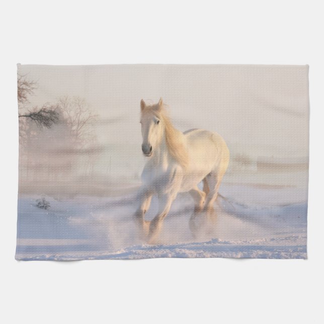 Paño De Cocina Hermosa Gallopaje de Caballo Blanco en la Nieve (Horizontal)