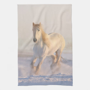 Paño De Cocina Hermosa Gallopaje de Caballo Blanco en la Nieve
