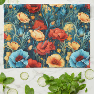 Paño De Cocina Hermosa impresión botánica de flores azules rojas