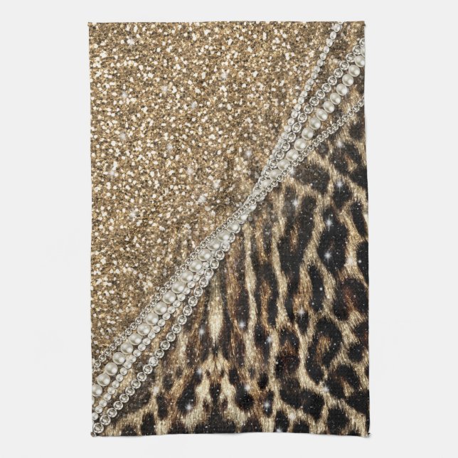 Paño De Cocina Hermosa Moda Girly Leopard Print Gold Purpurina (Vertical)