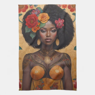 Paño De Cocina Hermosa mujer afroamericana con flores