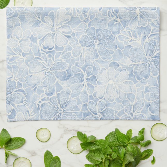 Paño De Cocina Hermosas flores blancas azules   (Doblado)