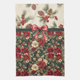 Paño De Cocina Hermosas flores de Navidad y piñas