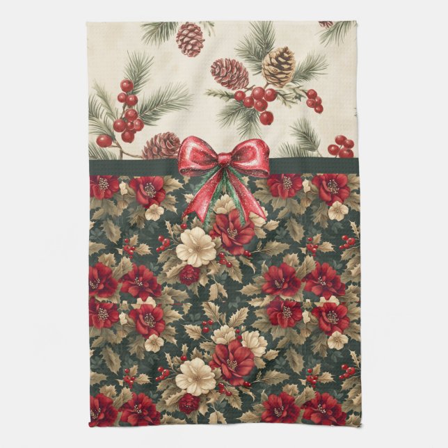 Paño De Cocina Hermosas flores de Navidad y piñas (Vertical)