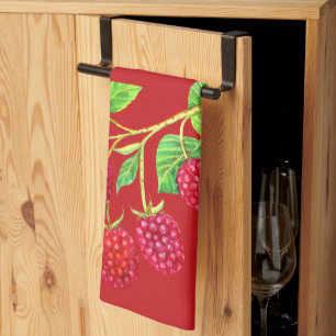 Paño De Cocina Hermosas Frambuesas Rojas En Las Hojas Verdes