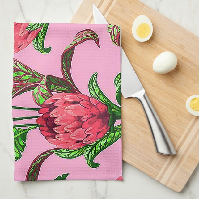 Paño De Cocina Hermosas hojas verdes tropicales con flores rojas  (Doblado Cuarto)