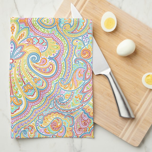 Paño De Cocina Hermoso Aqua Blue Pink Paisley Art (Doblado Cuarto)