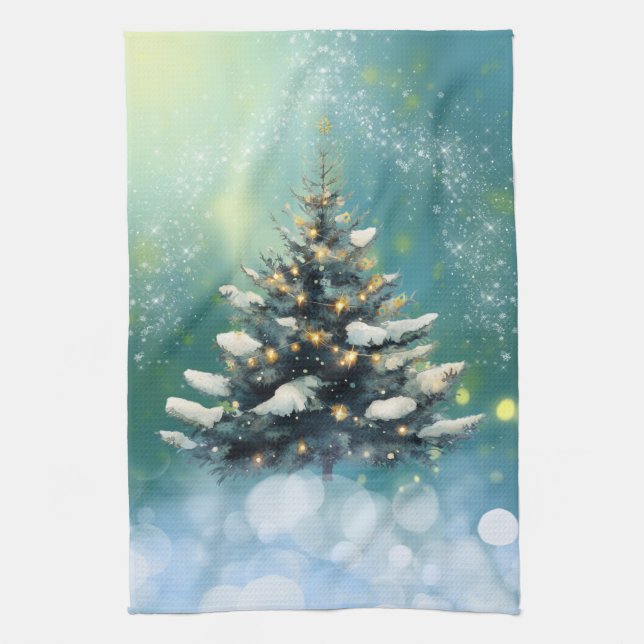 Paño De Cocina Hermoso árbol de Navidad con nieve y luces de oro (Vertical)