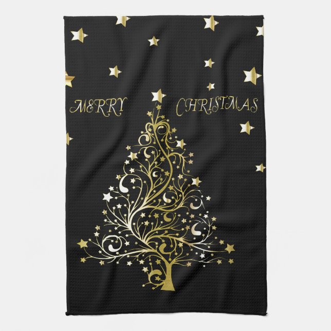 Paño De Cocina Hermoso árbol de Navidad de oro metálico estrellad (Vertical)