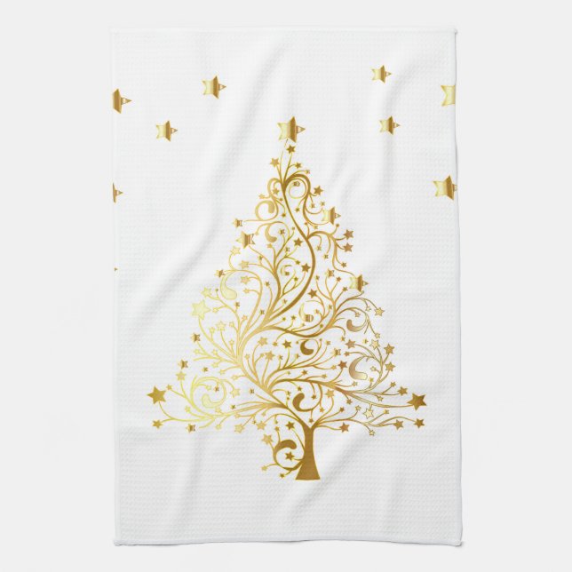 Paño De Cocina Hermoso árbol de Navidad de oro metálico estrellad (Vertical)