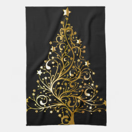 Paño De Cocina Hermoso árbol de Navidad de oro metálico estrellad