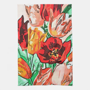Paño De Cocina Hermoso Bouquet Floral Tulipanes Arte Contorno Neg