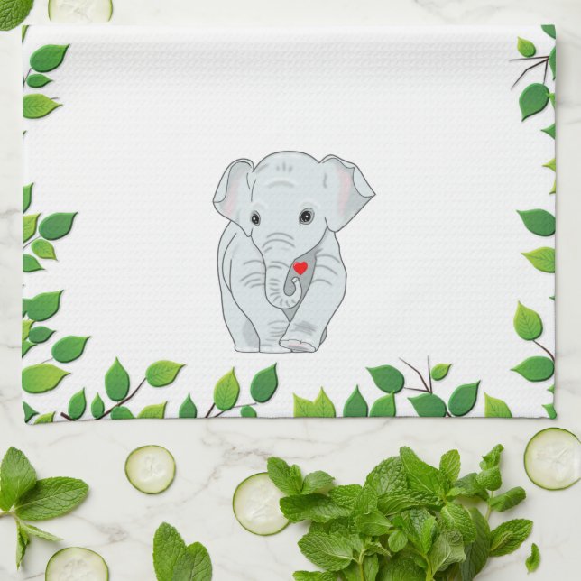 Paño De Cocina Hermoso elefante Personalizado y hojas verdes sobr (Doblado)
