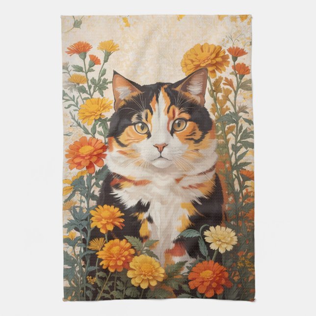 Paño De Cocina Hermoso Gato Calico Con Flores Marigold (Vertical)