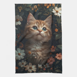 Paño De Cocina Hermoso Naranja Kitten con flores silvestres