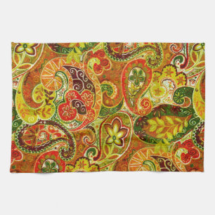 Paño De Cocina Hermoso Patrón Floral Verde Rojo Paisley