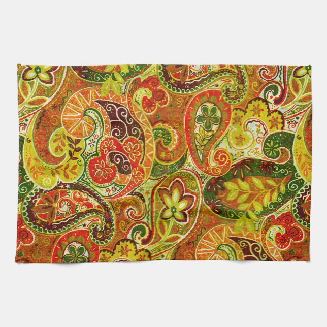 Paño De Cocina Hermoso Patrón Floral Verde Rojo Paisley (Horizontal)