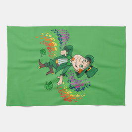 Paño De Cocina Hermoso y alegre leprechaun bailando, un arco iris