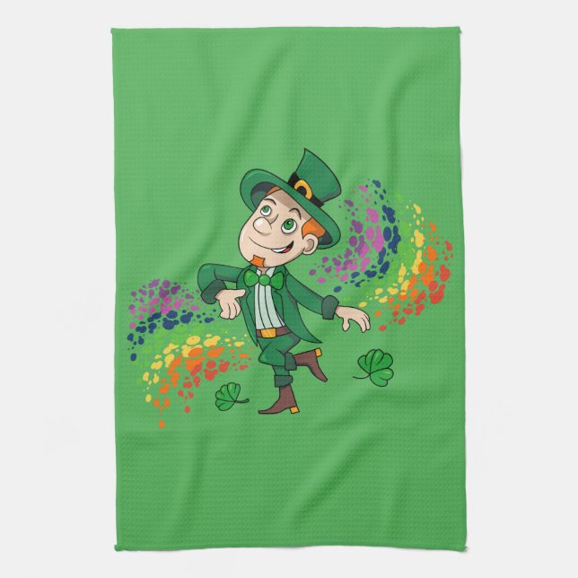 Paño De Cocina Hermoso y alegre leprechaun bailando, un arco iris (Vertical)