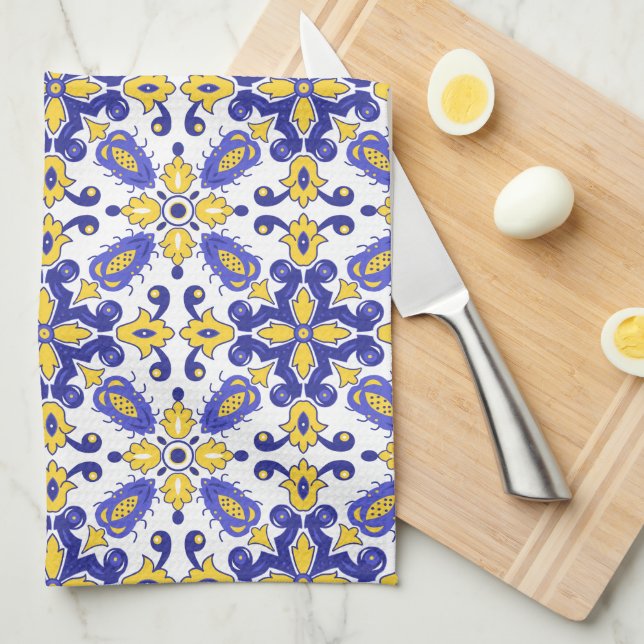 Paño De Cocina 💙 💛 Hermosos Azulejos azules y amarillos (Doblado Cuarto)