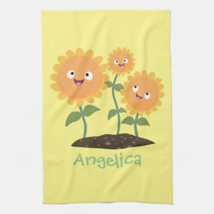 Paño De Cocina Hermosos girasoles alegres sonrientes ilustracion 