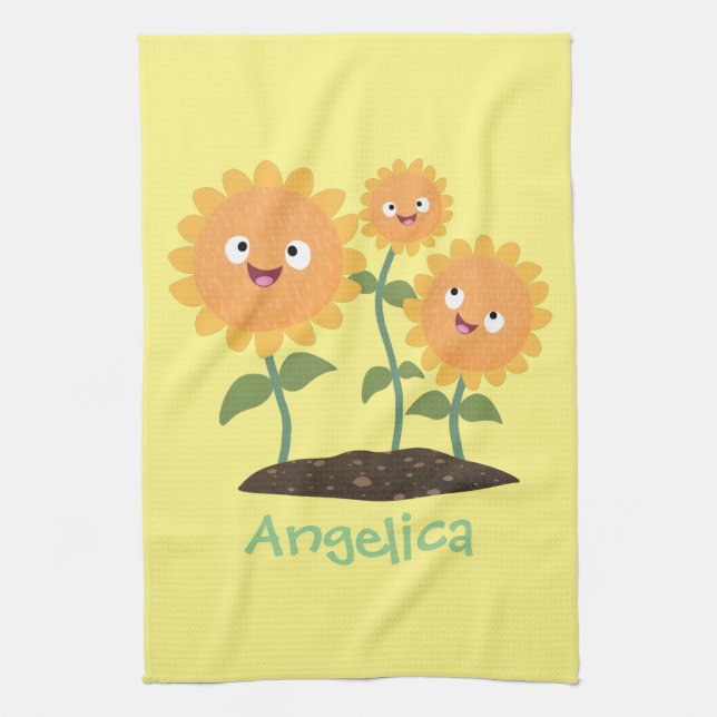 Paño De Cocina Hermosos girasoles alegres sonrientes ilustracion  (Vertical)