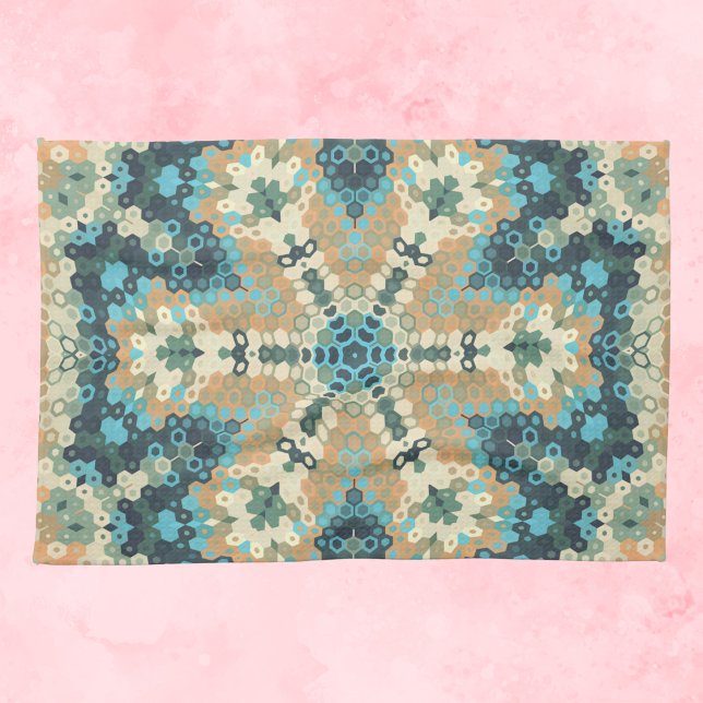 Paño De Cocina Hex Mandala Azul y Naranja (Blue and Orange Hexagon Mandala Kitchen Towel by Wormhole Orbital)