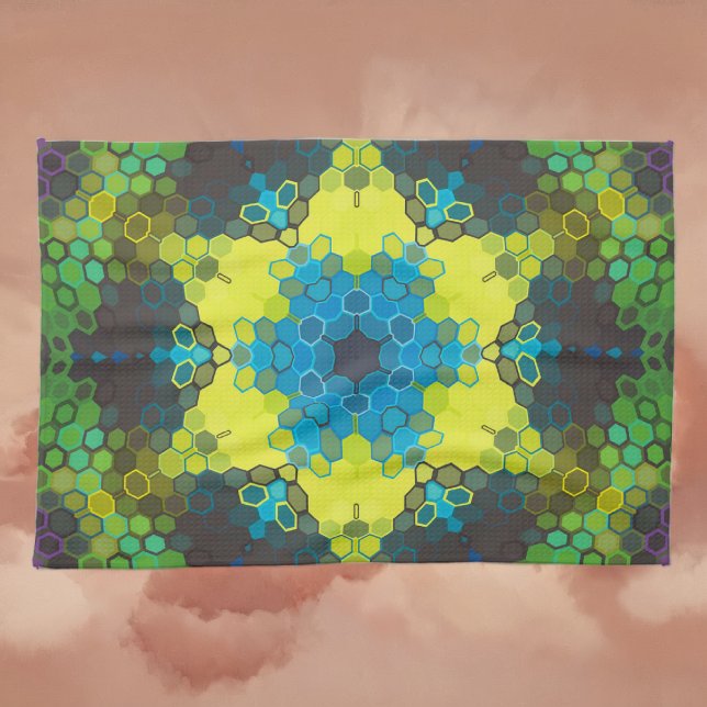 Paño De Cocina Hex Mandala Verde Amarillo y Azul (Green and Blue Hexagon Mandala Kitchen Towel By Wormhole Orbital)
