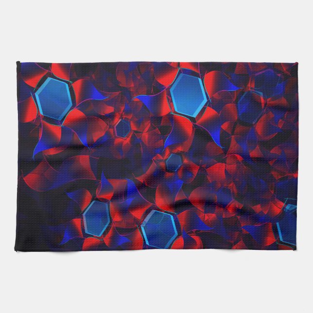 Paño De Cocina hexágono azul mezclado con curvas rojas superpuest (Horizontal)