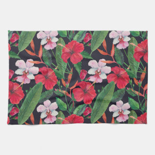 Paño De Cocina hibiscos rojos, orquídeas, acuarela tropical.