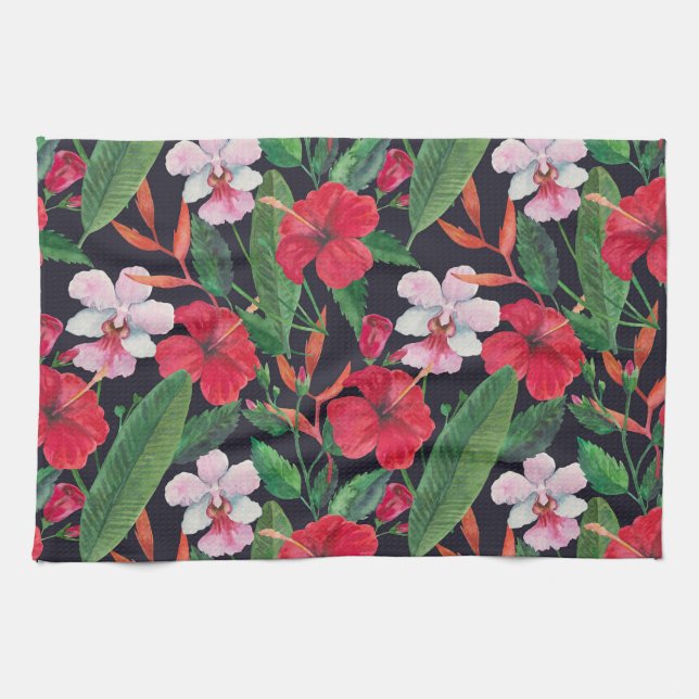 Paño De Cocina hibiscos rojos, orquídeas, acuarela tropical. (Horizontal)