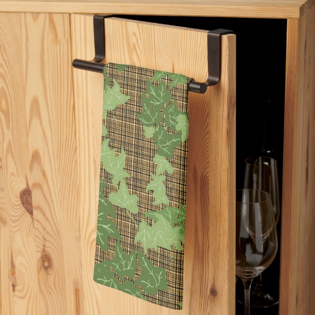 Paño De Cocina Hiedra verde sobre placa dorada marrón (Pliegue de tercios)