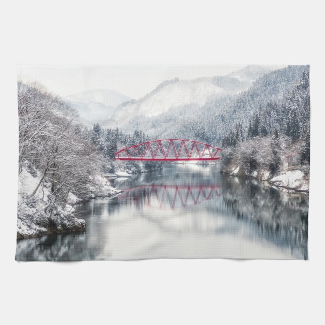 Paño De Cocina Hielo y nieve | Puente rojo en invierno, Japón (Horizontal)