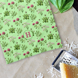 Paño De Cocina Hierbas en abejas Monograma Verde Rosa Inicial