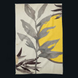 Paño De Cocina Hojas acuáticas amarillas y grises<br><div class="desc">La moderna toalla de cocina presenta un diseño artístico de acuarela en una paleta de color amarillo y gris con una hoja de acuarela zen y una composición de círculo geométrico con tonos amarillos y grises con acentos negros y dorados sobre un fondo de lino beige. Añada un toque de...</div>