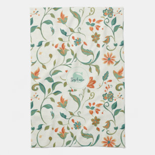 Paño De Cocina Hojas azul-verde vintage y patrón floral Naranja
