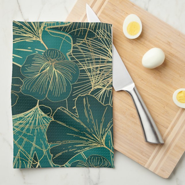 Paño De Cocina Hojas Azul-Verde Y Oro (Doblado Cuarto)
