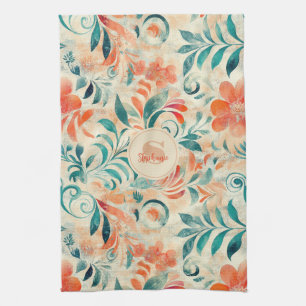 Paño De Cocina Hojas azules rusas y patrón floral Naranja rojo