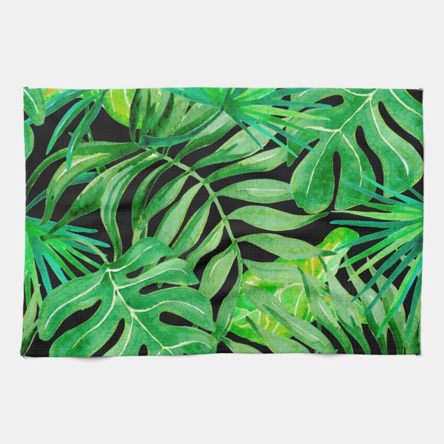 Paño De Cocina Hojas de acuarela tropical: Elegancia sin costura. (Horizontal)