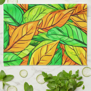 Paño De Cocina Hojas de dibujos animados vibrantes: naranja y ver