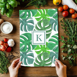 Paño De Cocina Hojas de Monstera Deliciosa con Patrón Monogramado