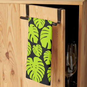 Paño De Cocina Hojas de monstera en verde limón y negro