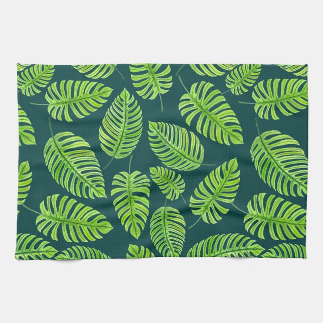 Paño De Cocina Hojas de monstera, patrón de acuarela tropical (Horizontal)
