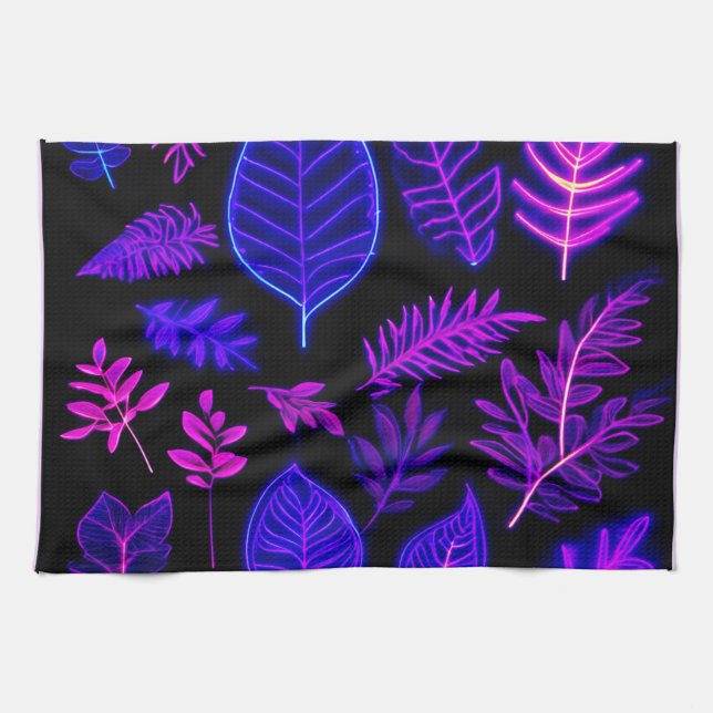 Paño De Cocina Hojas de neón en tonos rosados y morados (Horizontal)