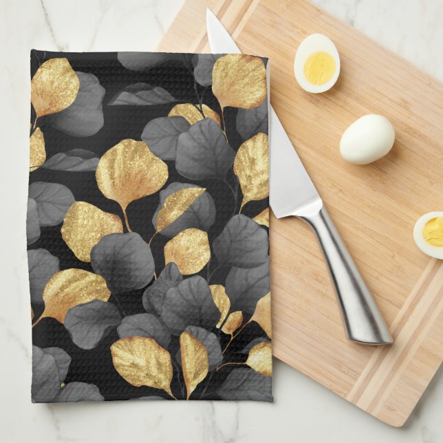 Paño De Cocina Hojas de oro y negro. Estampado (Doblado Cuarto)