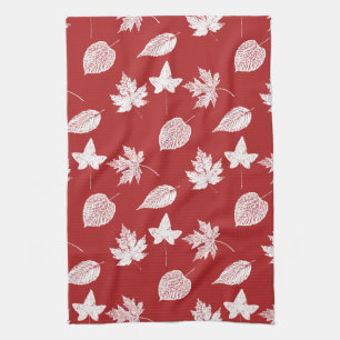 Paño De Cocina Hojas de otoño - rojo intenso y blanco 