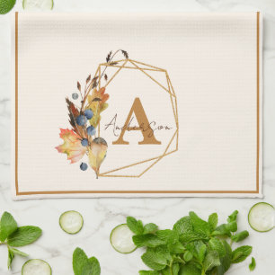 Paño De Cocina Hojas de otoño y marco dorado personalizado