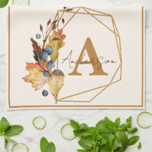 Paño De Cocina Hojas de otoño y marco dorado personalizado 