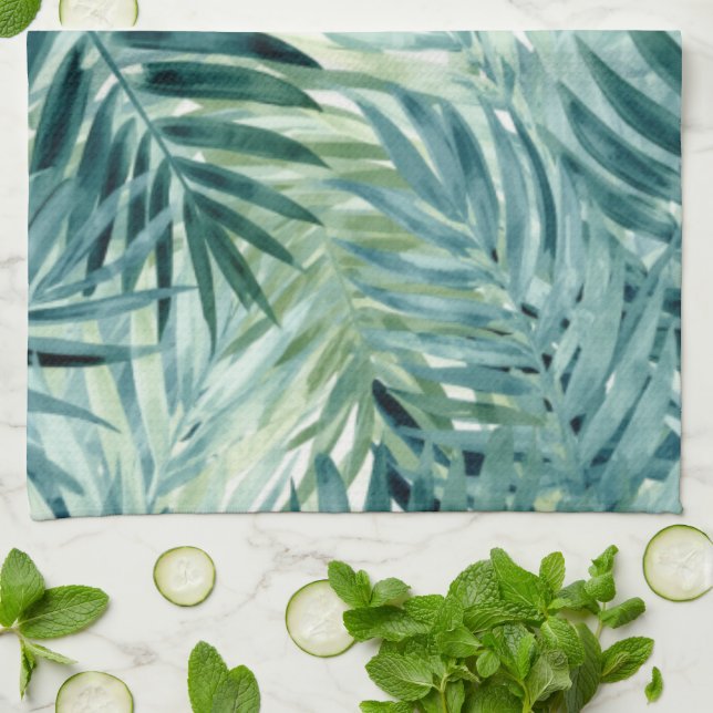 Paño De Cocina Hojas de palma verdes turquesa (Doblado)