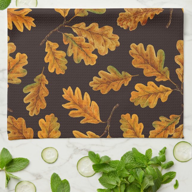 Paño De Cocina Hojas de roble otoñales en marrón oscuro (Doblado)